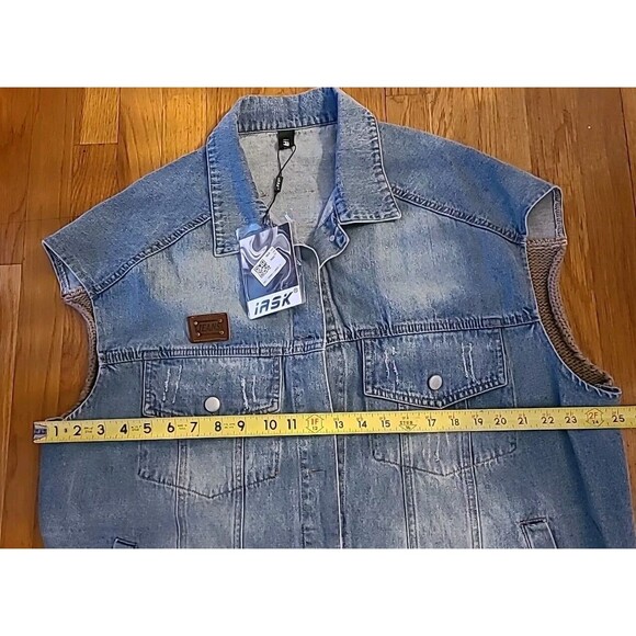 iASK Fashion Denim Vest Oversized Sleeveless Distressed Knit Back Deer Korean - Picture 11 of 14